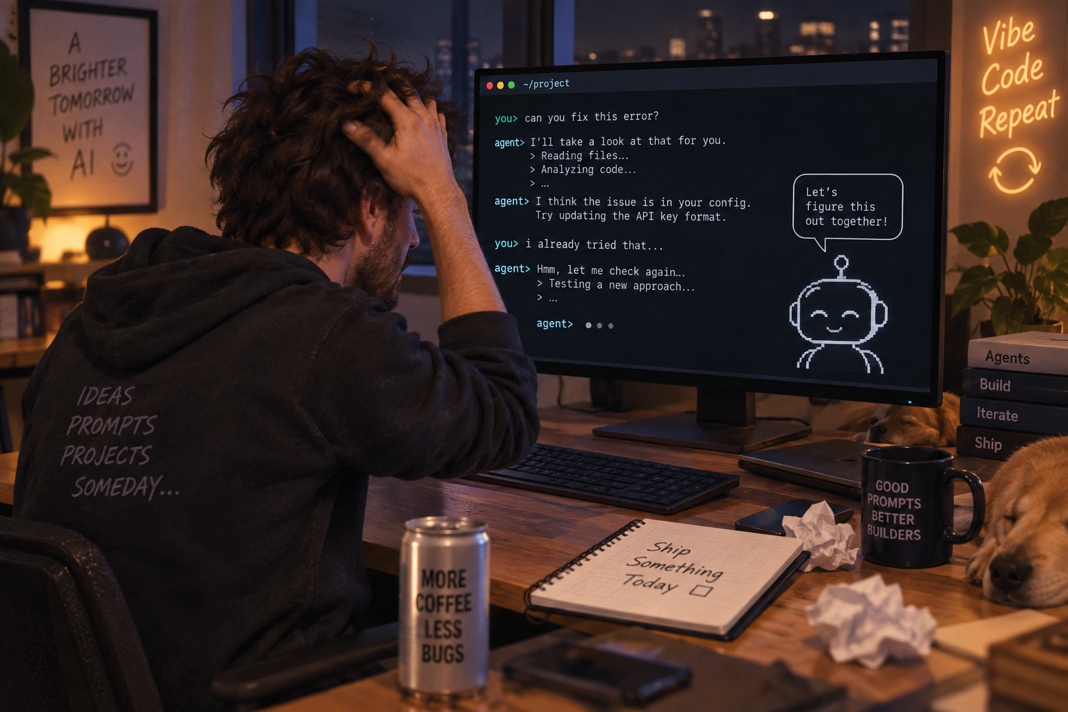 A frustrated developer at a desk staring at a terminal chat agent